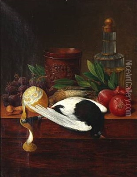 Nature Morte With Birds, Lemon, Bottle And Jug With Carved Coats Of Arms Oil Painting - Christine Marie Lovmand