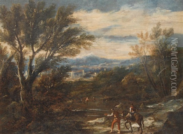 Extensive Landscape With Figures By A River Oil Painting - Antonio Francesco Peruzzini