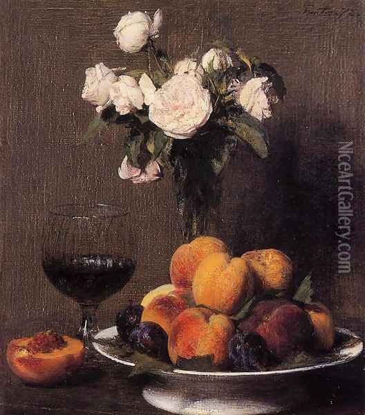 Still Life with Roses, Fruit and a Glass of Wine Oil Painting - Ignace Henri Jean Fantin-Latour