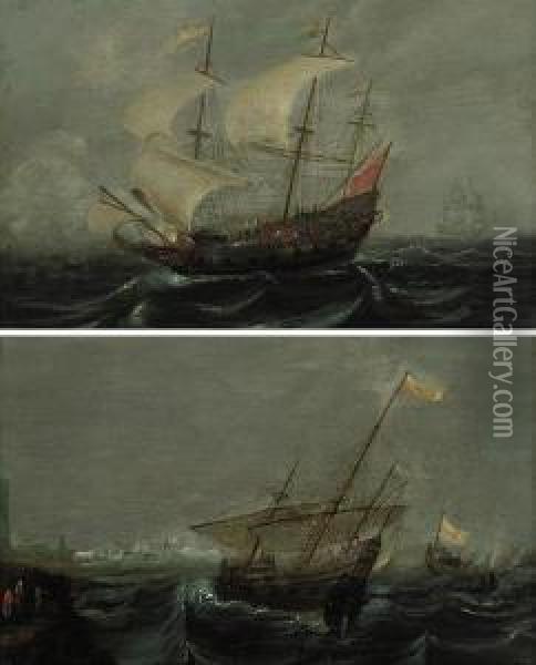 A Dutch Man-o'-war And Other Shipping In Choppy Waters Oil Painting - Hendrik van Anthonissen