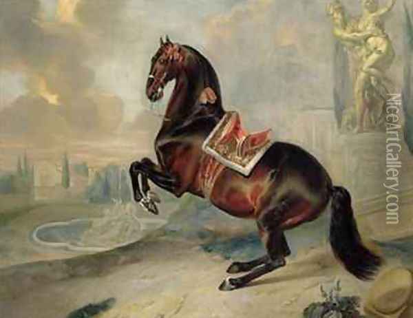 The dark bay horse Valido performing a Levade movement Oil Painting - Johann Georg Hamilton