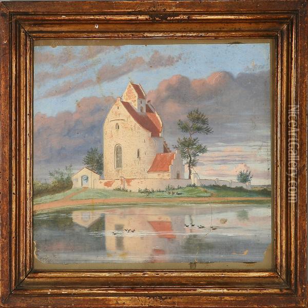 Summer Day At Bjernede Church, Denmark Oil Painting - Jacob Kornerup