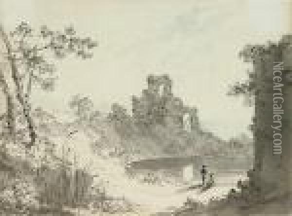 Fishermen In Front Of A Gothic Ruin, Another Ruin On Theright Oil Painting - John Constable