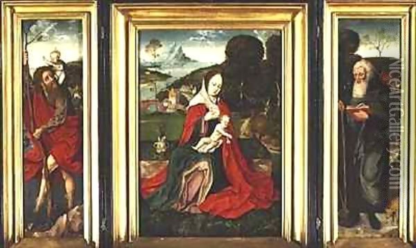 Triptych, Madonna and Child in a Landscape with St. Christopher and St. Anthony the Great Oil Painting - Herri met de Bles