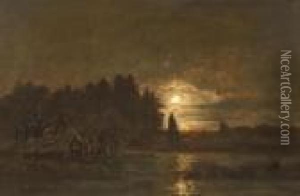 Flusslandschaft Im Mondschein Oil Painting - Adolf Stademann