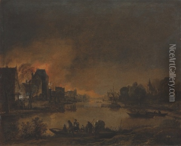 A River Landscape With Figures Disembarking On The Bank, A Burning Town Beyond Oil Painting - Aert van der Neer