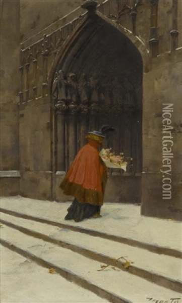 Junge Dame Am Eingang Einer Kirche Oil Painting - Edouard (John) Menta
