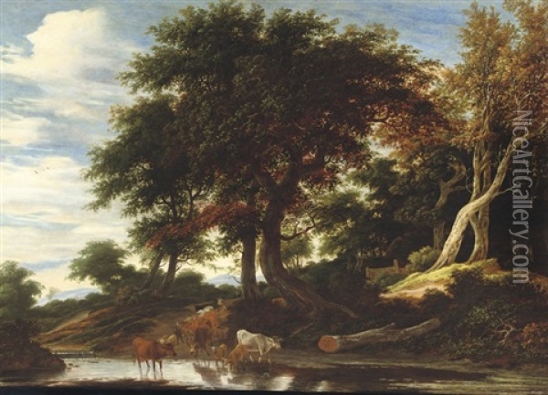 Cattle Fording A Stream In A Wooded Landscape Oil Painting - Jacob Salomonsz van Ruysdael