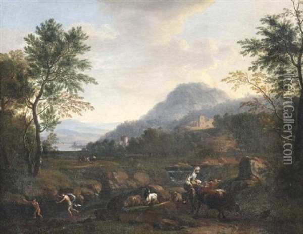 Ideale Italienische Fluslandschaft Oil Painting - Pieter Jacobsz. van Laer