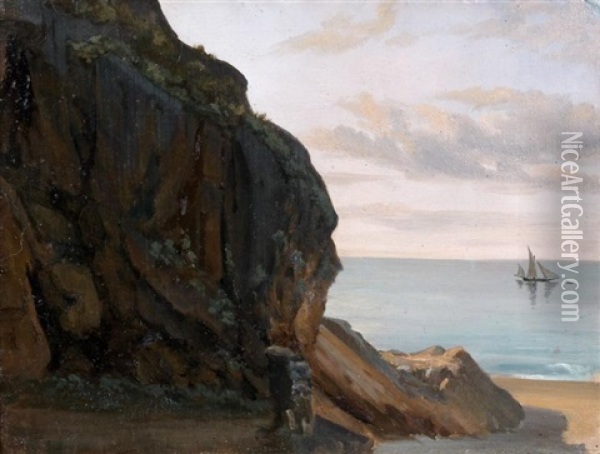 Vue Presumee De La Cote Amalfitaine Avec Un Voilier Oil Painting - Jules Coignet