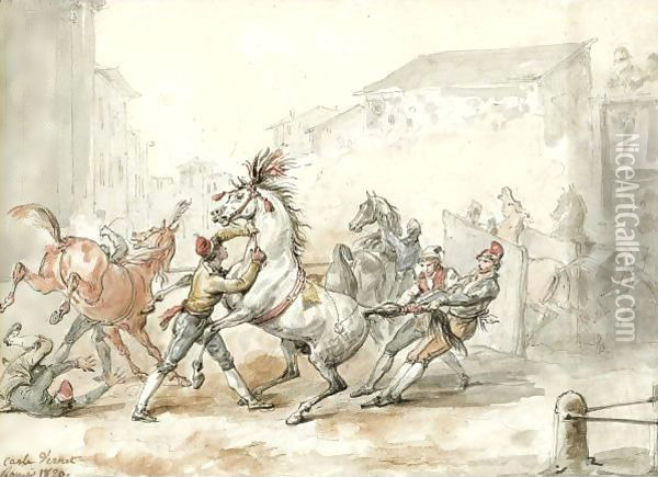 Preparing Horses For The Riderless Race In Rome Oil Painting - Carle Vernet
