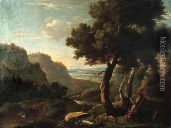 Krajobraz Z Pasterzem, Trzoda I Podroznymi Oil Painting - Caspar Andriaans Van Wittel