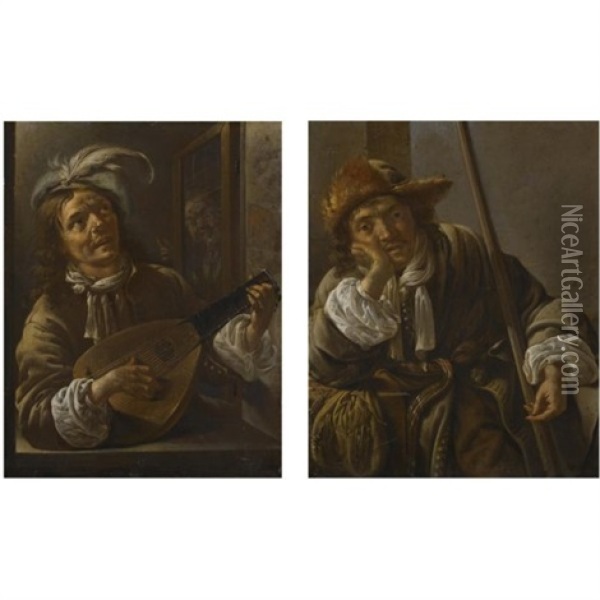 A Hunter (+a Musician; Pair) Oil Painting - Jacob Duck