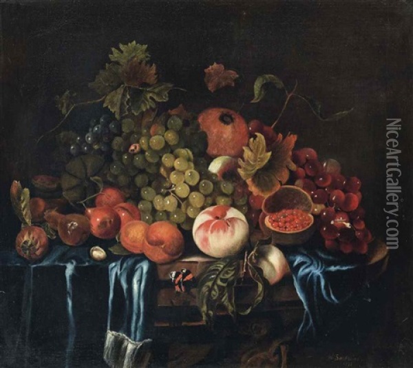 Peaches, Pears, Grapes And Pomegranates On A Draped Ledge With A Butterfly Oil Painting - George William Sartorius