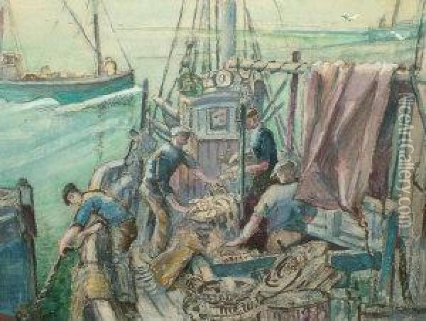 1938- Fishermen Along The Quayside Circa 195 Oil Painting - Isabel Wrightson