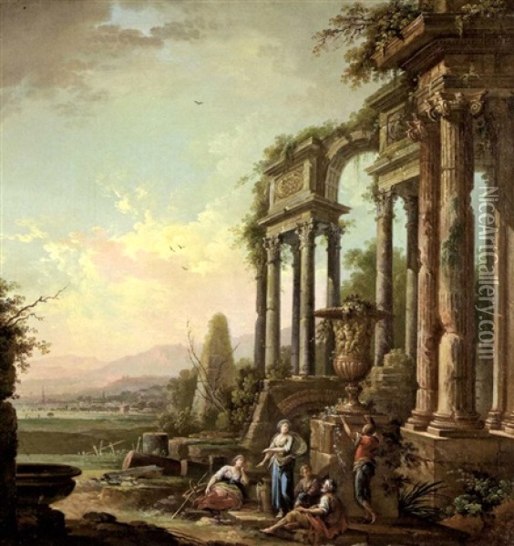 Le Repos Des Bergers Pres De Ruines Antiques Oil Painting - Jean Baptiste Charles Claudot