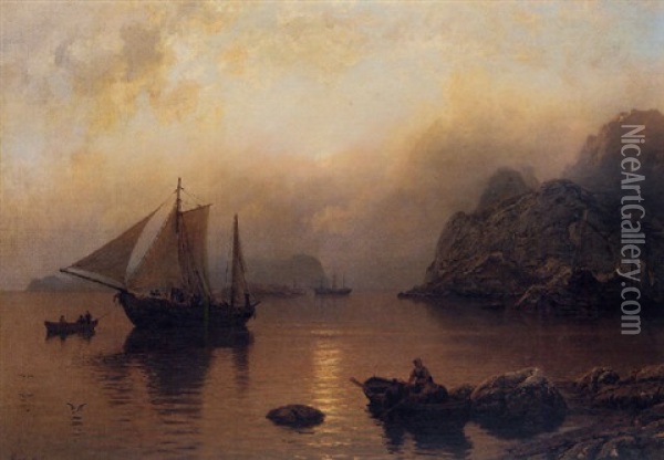 Fishing Party At Sunrise Oil Painting - Hans Frederick Gude