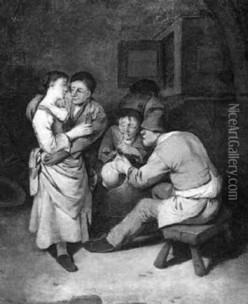Peasants Carousing In A Barn Interior Oil Painting - Cornelis Pietersz Bega