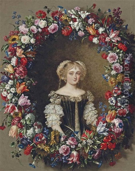 Portrait Of A Lady, Traditionally Identified As A Member Of The Colonna Family, Small Half-length, In A Green Dress With A White Chemise, Surrounded By A Garland Of Flowers Oil Painting - Mario Nuzzi