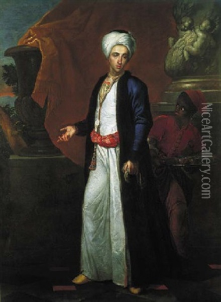 Portrait Of A Gentleman In Ottoman Robes, A Page Behind Him, On A Terrace Before A Solomonic Column Oil Painting - Giuseppe Bonito