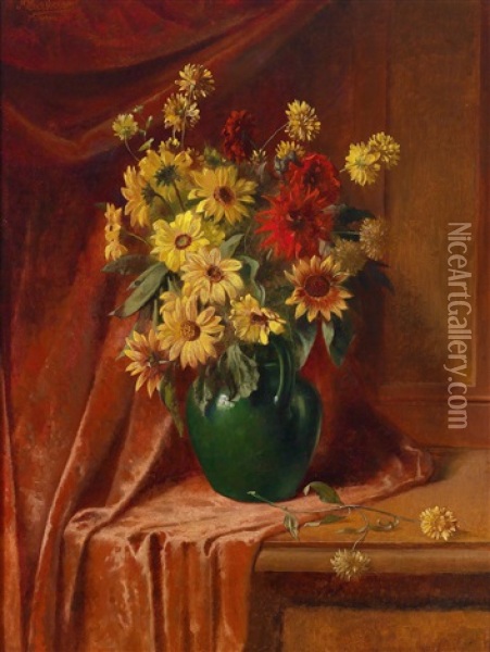 Ein Sommerblumenstraus Im Tonkrug Oil Painting - Max Ebersberger