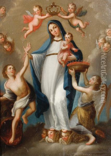The Madonna And Child Surrounded Byangels Oil Painting - Jose De Alzibar