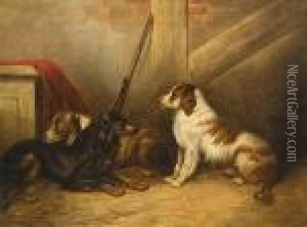 Spaniels In A Barn Oil Painting - George Armfield