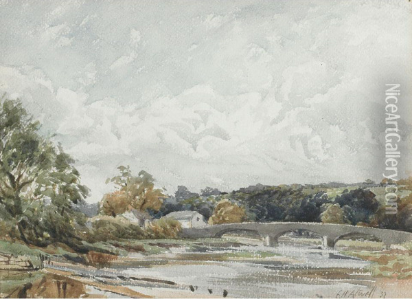 River Landscape With Bridge Oil Painting - John Fraser