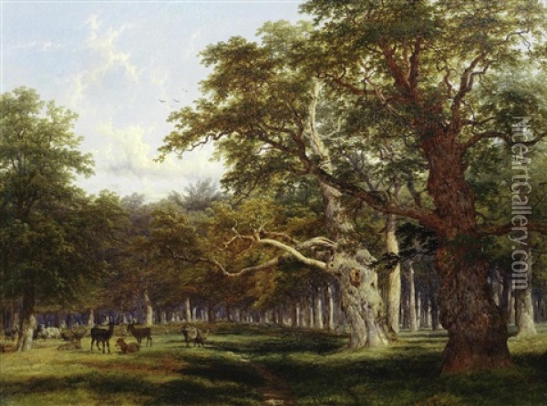 Deer In A Parkland Landscape Oil Painting - Thomas Baker