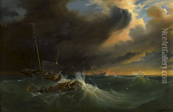 Fischerboote Auf Sturmischer See Bei Sonnenuntergang Oil Painting - Baron Jean Antoine Theodore Gudin