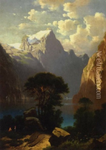 An Austrian Lake With The Alps Beyond Oil Painting - Anton Pick