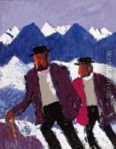 Zwei Bauern In Verschneiter Landschaft Oil Painting - Carl, Karl Wieland