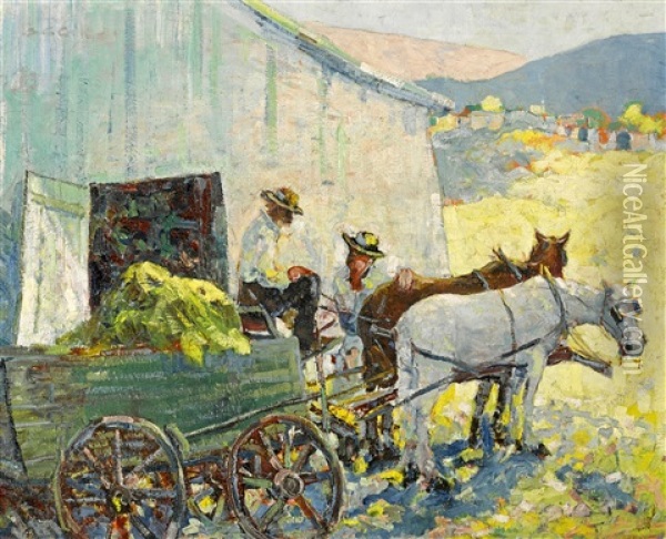 Wagon Team And Barn Oil Painting - Selden Connor Gile