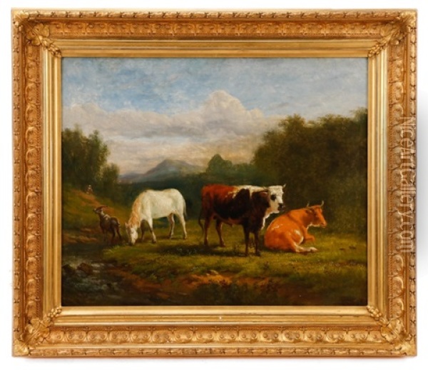 Pastoral Landscape With Cattle, Goat And Horse Oil Painting - Victor de Grailly