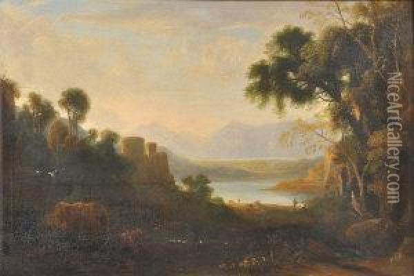 A Castle And Figures In A Highland Landscape Oil Painting - John, Rev. Thomson Of Duddingston