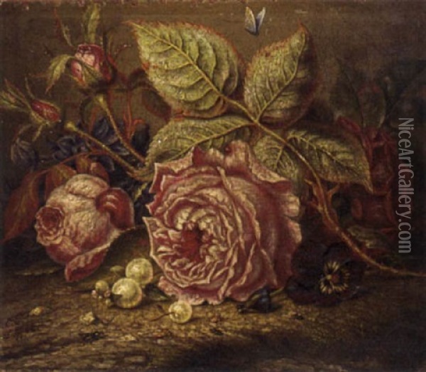 Roses, A Pansy, And Snowberries Oil Painting - Emilie Preyer
