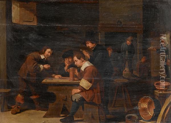 An Interior With Men Drinking And Playing Dice Oil Painting - David The Younger Teniers