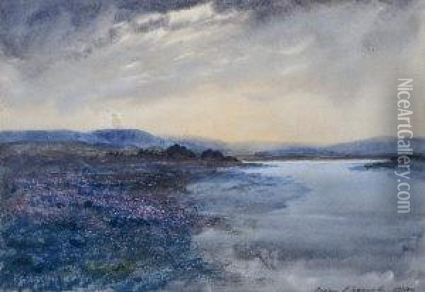 Dusk Falling Over A Western Lake Landscape With Heather Bog Oil Painting - William Percy French