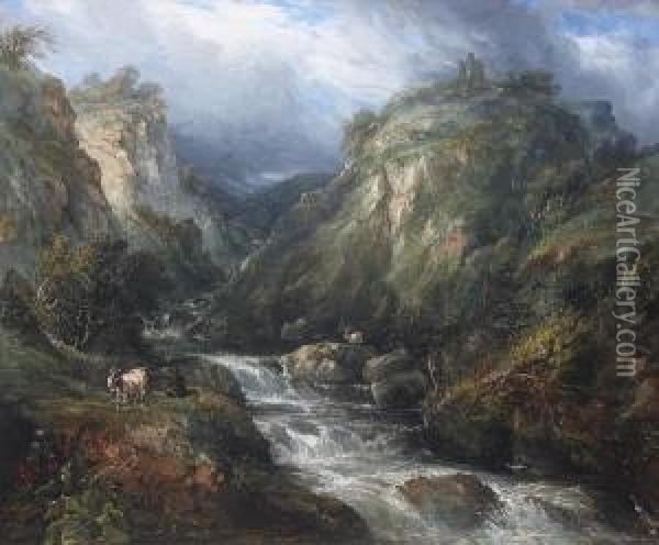Goats By A Mountain River Oil Painting - Frederick Henry Henshaw