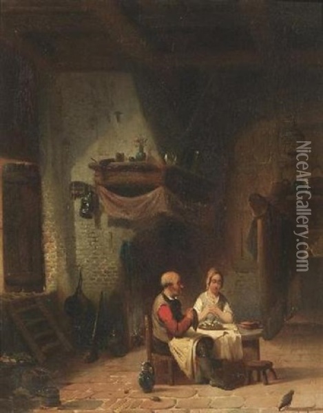 Das Tischgebet. Bauernpaar Vor Dem Gedeckten Tisch In Der Stube Oil Painting - Leopold Fisette