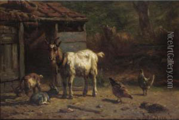 Goats And Chickens In A Yard Oil Painting - Simon Van Den Berg