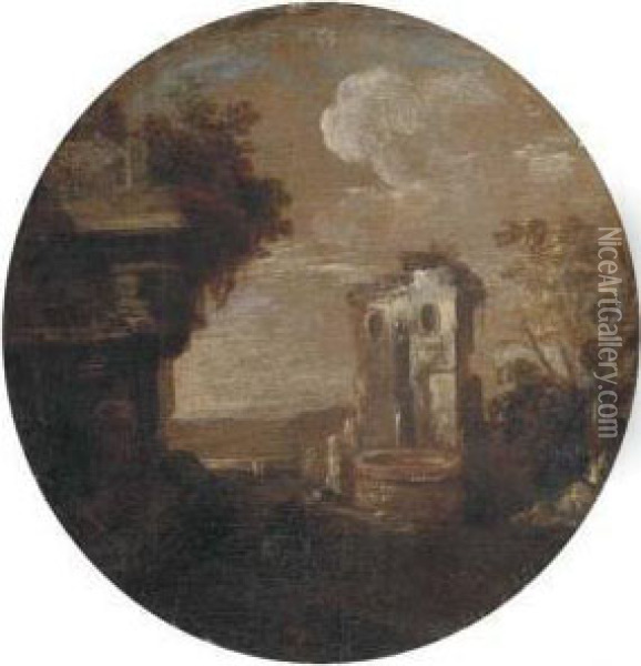 A Capriccio Of Classical Ruins With A Fountain Oil Painting - Leonardo Coccorant