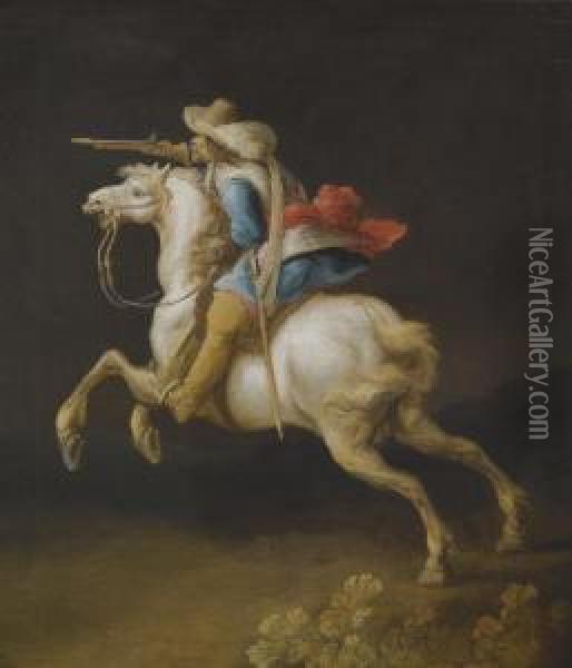 A Cavalry Officer Charging Oil Painting - Paulus Van Hillegaert