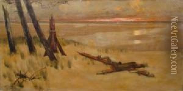 Jesus On A Fallen Cross, The Sea Beyond With The Sun Going Down On The Horizon Oil Painting - William Padgett