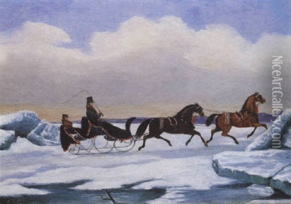 A Tandem Sleigh Crossing A Frozen River Oil Painting - Evelyne Marie (Lady) Alexander