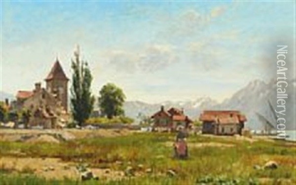 A Calm Summer Day In Ouchy In Lausanne Oil Painting - August Fischer