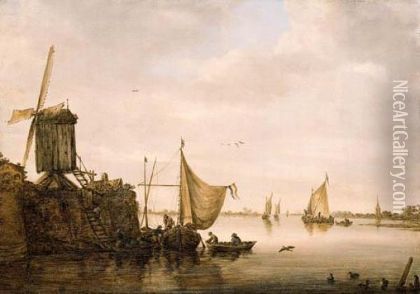 A River Landscape With Men 
Unloading A Waterschip By A Landingstage With A Windmill, Kaags And A 
Smalschip Beyond Oil Painting - Jan van Goyen