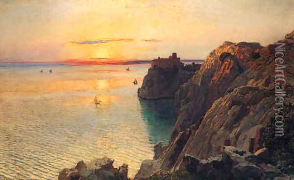 A Coastal Landscape With A Castle At Sunset, Trieste Oil Painting - Anton Hlavacek