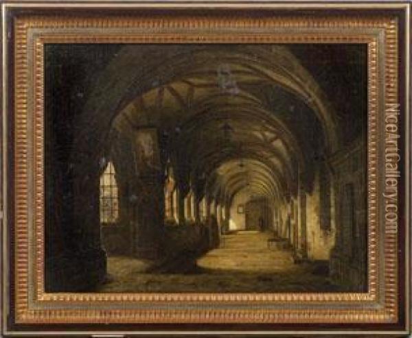 Kreuzgang Im Kloster Steingaden Mit Zwei Monchen Im Gesprach Oil Painting - Friedrich Jentzen