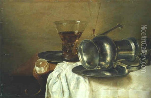 An Overturned Pewter Ewer On A Plate, A Wineglass, And A Peeled Lemon On A Partly Draped Table Oil Painting - Gerrit Willemsz. Heda